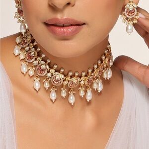 Pearl Drop Gold-Tone Choker Necklace and earrings with Red Enamel Accents